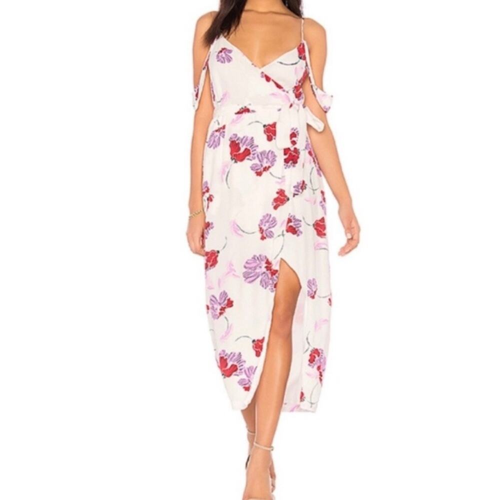 Revolve Bardot Women's Floral Cold Shoulder Midi Wrap Dress Small White Red